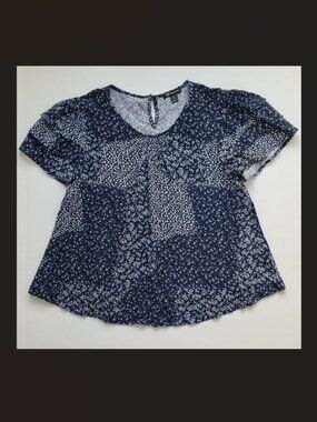 Patchwork Navy Blue Floral Top M Boho Lightweight Tiered Short Sleeve Casual